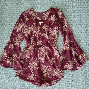 Francesca's Miami Burgundy Floral Bell Sleeve Romper